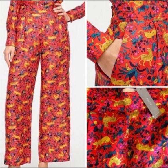 J CREW COLLECTION 100% Silk Red Jungle Cat Pull-on Pant 6 RARE - Picture 3 of 14